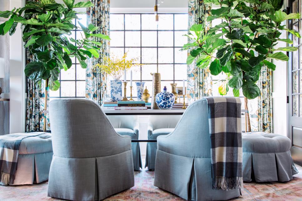 Blue Upholstered Dining Chairs Paired With Ottomans