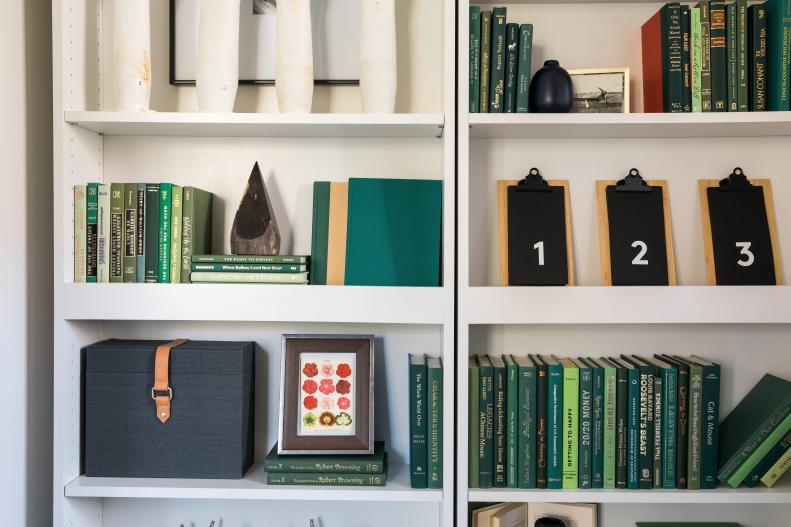 The bookshelves on the hidden bookshelf door have been engineered to handle 300 lb. loads, so books, baskets for smaller office items, decorative accessories and framed family photos can easily be displayed and organized. 