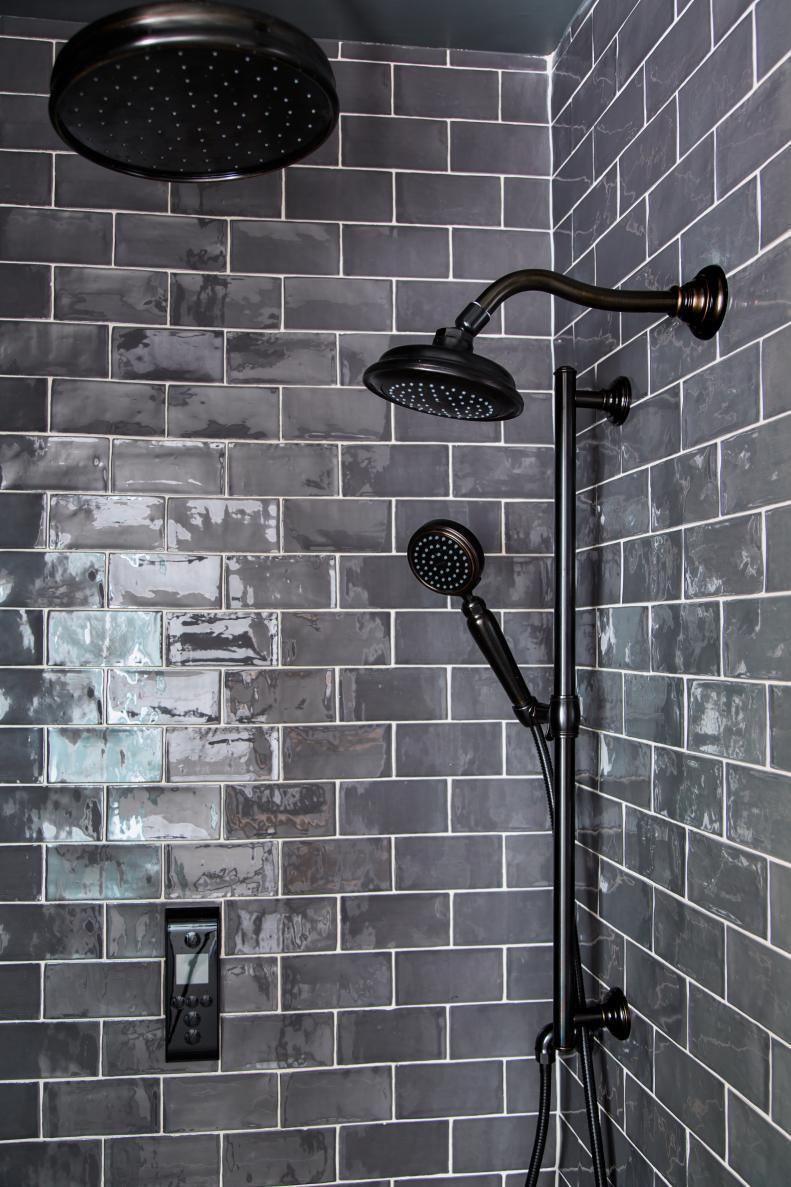 Gray Subway Tile Shower With Multiple Heads and High-Tech Controls