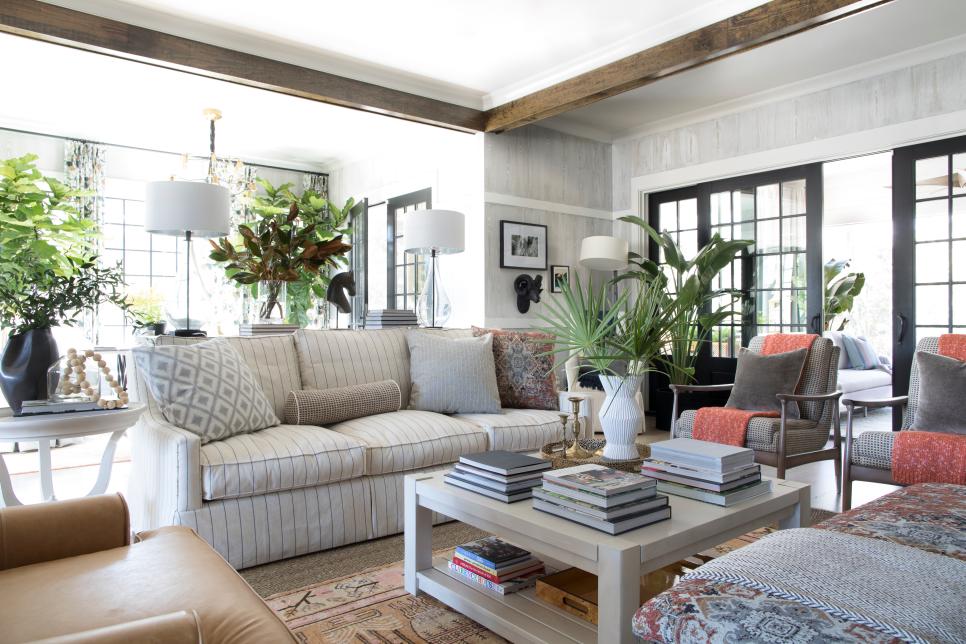 Transitional Living Room With Striped Sofa