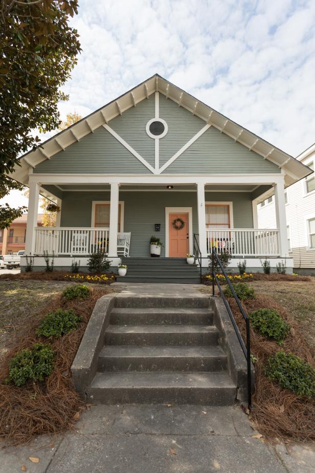 Contemporary Gray Home Exterior with White Columns | HGTV