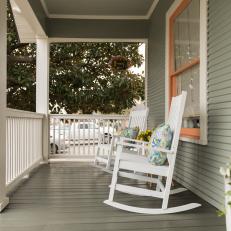 Contemporary Gray Porch with White Custom Rocking Chairs 