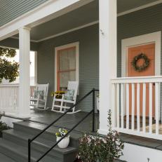 Contemporary Gray Front Porch with White Railing 