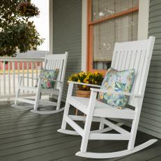 Contemporary Gray Front Porch with White Rocking Chairs 