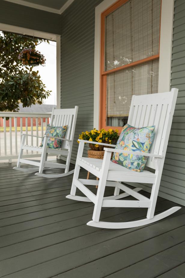 Contemporary Gray Front Porch with White Rocking Chairs | HGTV