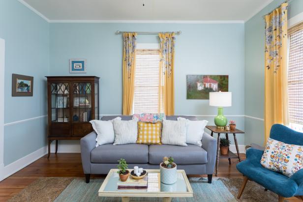 Contemporary Blue Living Room With Yellow Floral Curtains Hgtv