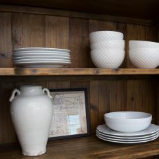White Dishware on Rustic Brown Wooden Shelf 