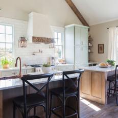 White Cottage Kitchen with Green Cabinets 
