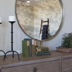 Neutral Cottage Master Bedroom with Large Vanity Mirror 
