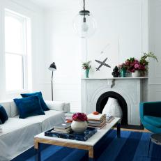 Blue and White Contemporary Living Room With Blue Chair