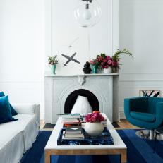 Blue and White Contemporary Living Room With Roses