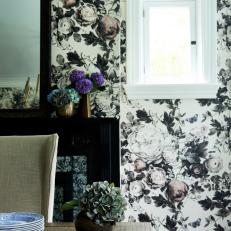 Black and White Dining Room With Rose Wallpaper