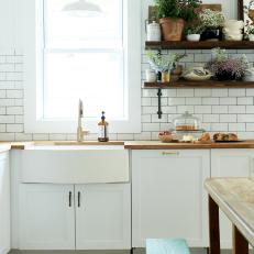 White Country Kitchen With Blue Bench