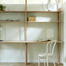 Wood Shelf and Desk With White Chair