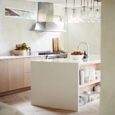 White Open Plan Kitchen With Stainless Hood