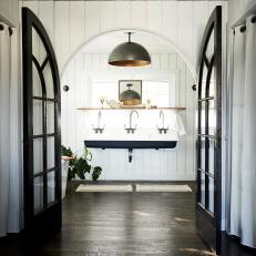 White Country Kitchen With Arched French Doors