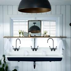Black and White Country Bathroom With Dome Pendant