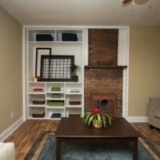 Neutral Contemporary Living Room with Brown Brick Fireplace 