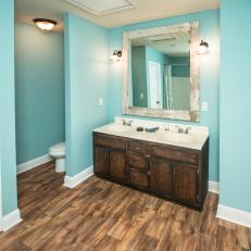 Contemporary Blue Bathroom with Brown Wood Vanity 