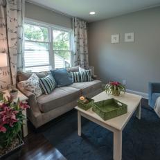 Contemporary White Living Room with Gray Sofa