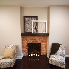 Contemporary Neutral Living Room with Brown Brick Fireplace