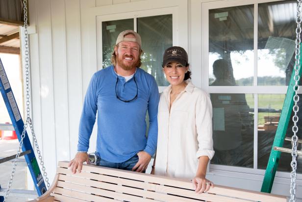 Joanna Gaines visiting husband Chip to check in on the progression of the front porch at the Brooks home, as seen on Fixer Upper.