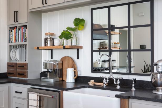 Black and White Kitchen with Black Mirror, Countertops, Gray Cabinets