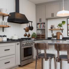 Contemporary Black and White Kitchen with White Shiplap Walls 