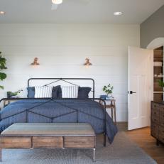 Neutral Contemporary Master Bedroom with White Shiplap Paneling 