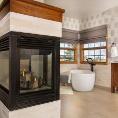 Neutral Master Bathroom With Fireplace