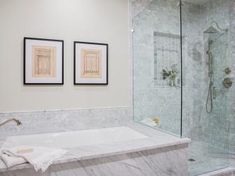 Modern Master Bath with Gray Marble Tub and Glass Walk-In Shower