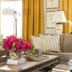 Neutral Transitional Living Room With Yellow Curtains