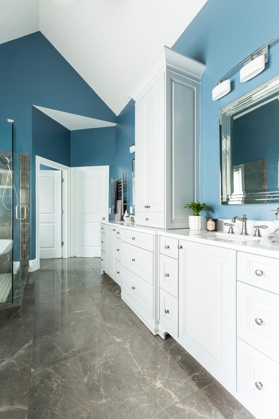 Blue Master Bathroom With White Cabinets | HGTV