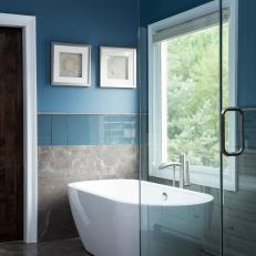 Blue Master Bathroom With Freestanding Tub