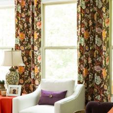 Living Room With Brown Floral Curtains