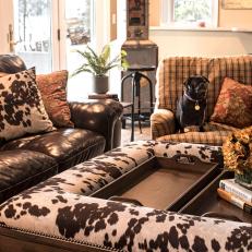 Family Room With Cow Hide Ottoman