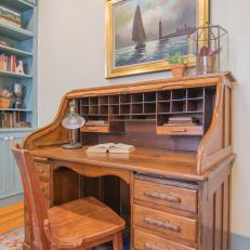 Neutral Rustic Study with Brown Roll-Top Desk 