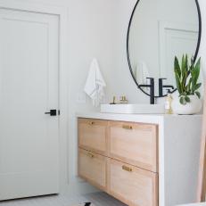 Modern White Master Bathroom with Neutral Wood Vanity 