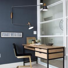 Modern Blue Home Office with Black and Neutral Wood Desk 