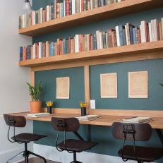 Rustic Teal Home Office with Neutral Open Bookshelves 