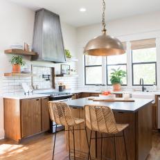 Contemporary Neutral Kitchen with Brown Wood Island 