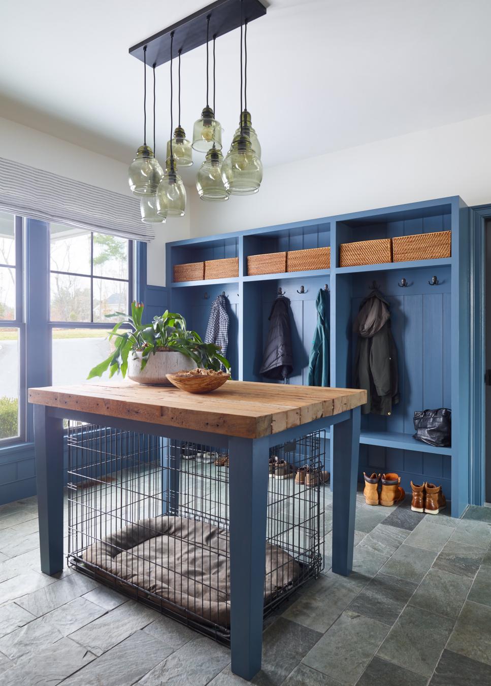 Blue Mudroom With Wire Kennel | HGTV