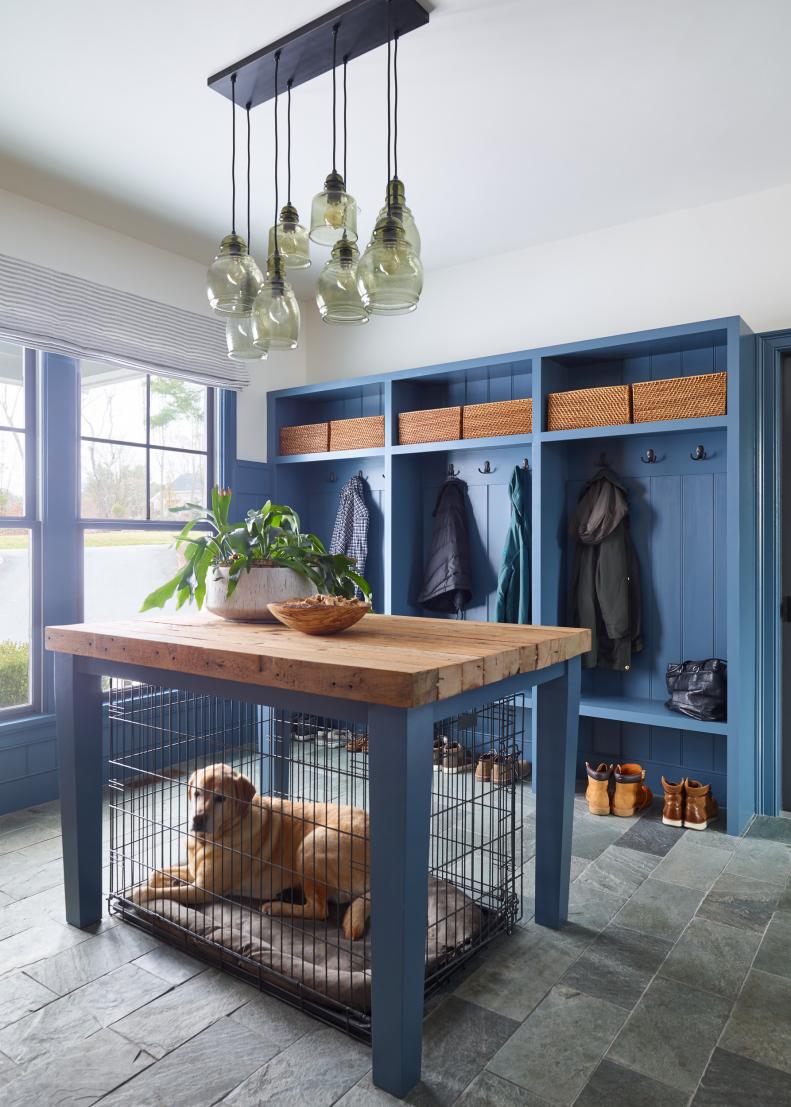 Blue Mudroom With Kennel
