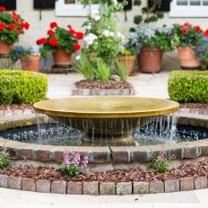 Fountain and Red Geraniums