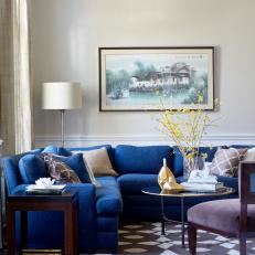 Transitional Living Room With Blue Sectional