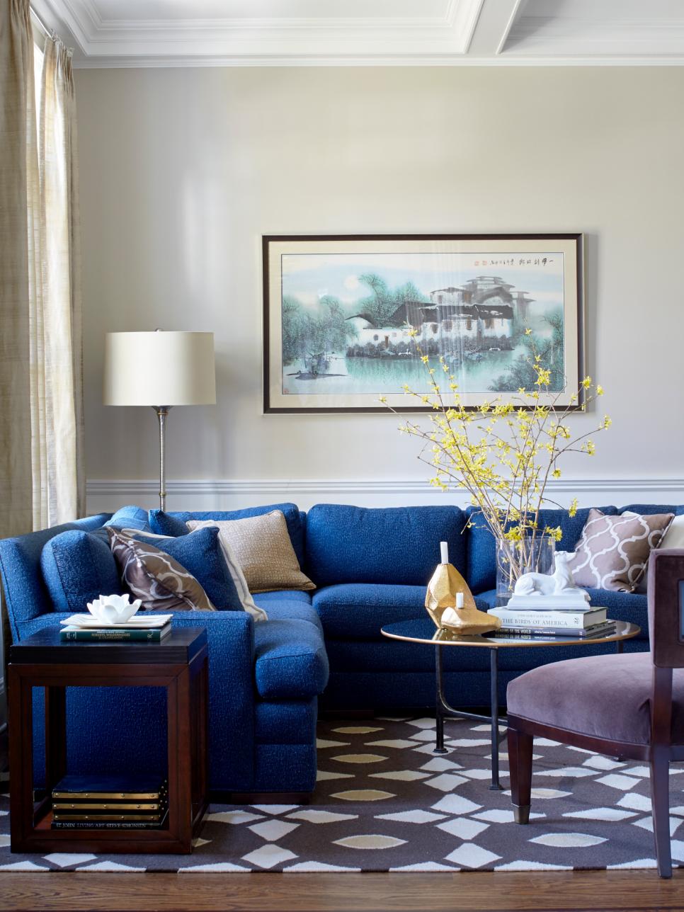 Transitional Living Room With Blue Sectional | HGTV