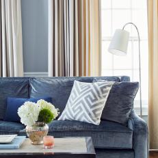 Blue Velvet Sofa and White Hydrangeas