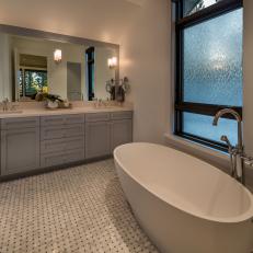 Gray Bathroom With Freestanding Tub