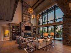 Rustic Contemporary Great Room With Globe Pendants