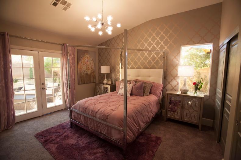 The newly renovated master bedroom, including the new french doors and the wallpaper accent wall as seen on Flip or Flop Vegas.                                            (Master bedroom #1 After) 